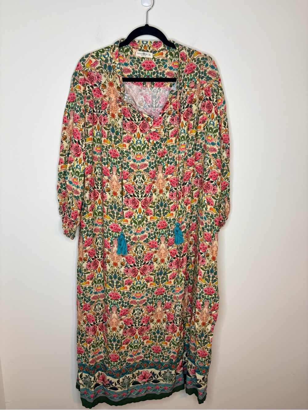 NATURAL LIFE Floral Maxi Dress with Tassel Ties in Pink and Green Boho Size XL